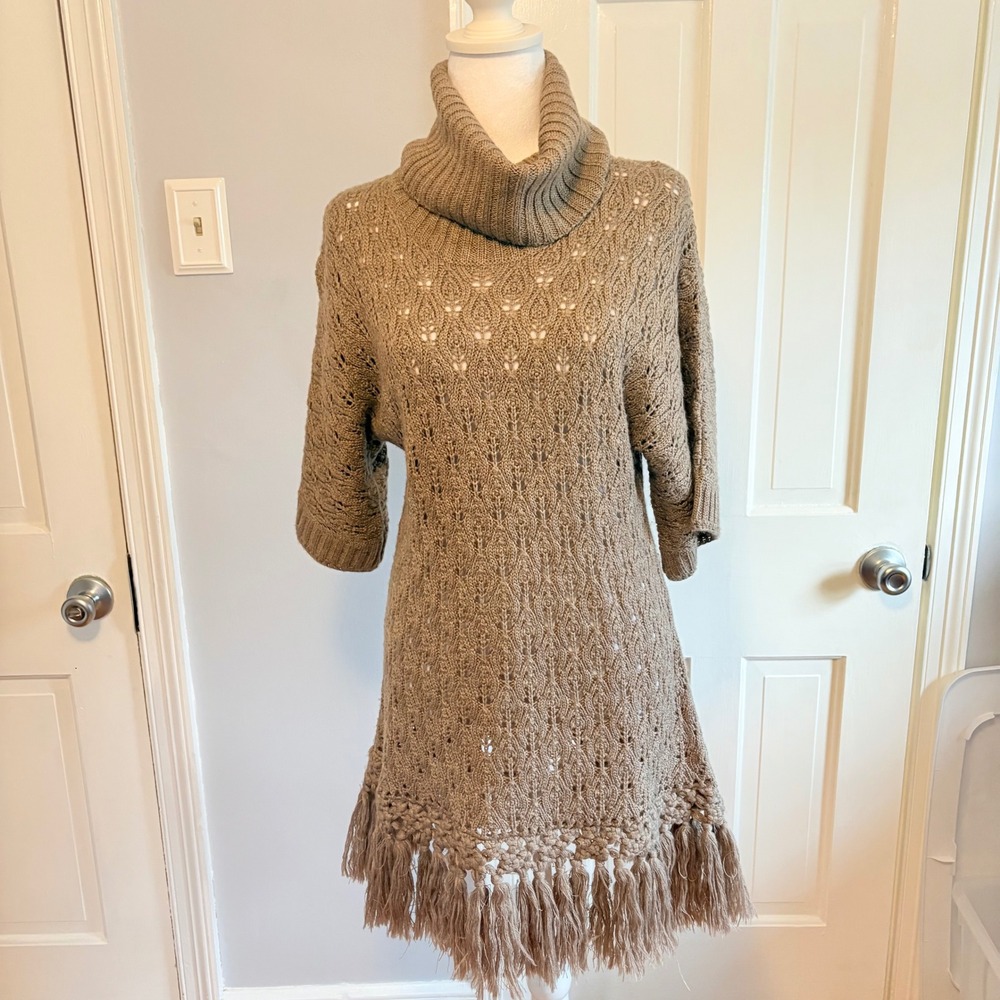 Kenar Womens Medium Sweater Dress Tan Crochet Fringe Cowl Neck 3/4 Sleeve